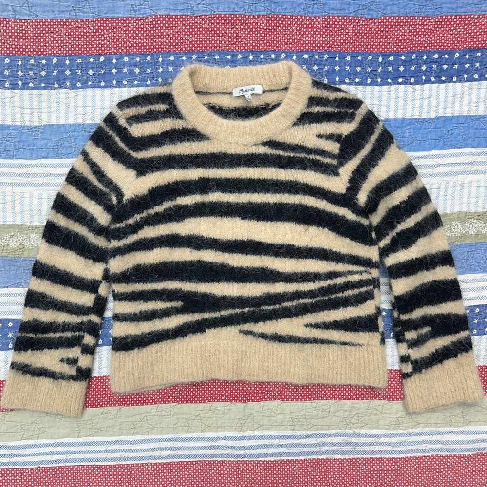 Madewell Sweater Tan Black Zebra Print Alpaca Wool Pullover / Womens Small